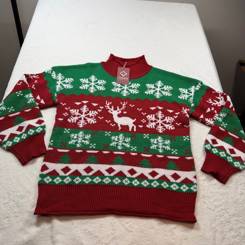 Jouica Christmas Sweater Womens L Red Green NEW Reindeer Snowflake Fair Isle